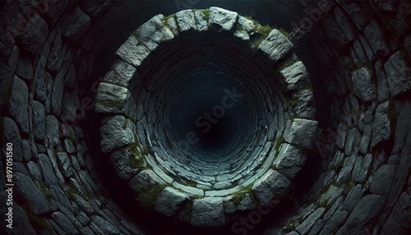 Fototapeta Deep, dark, stone well interior