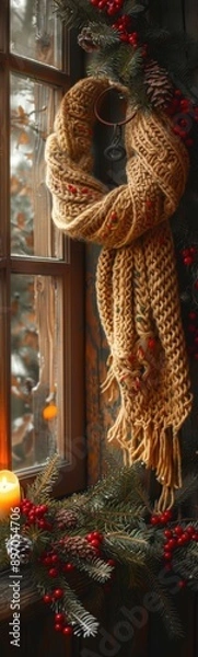 Fototapeta Candle that is sitting next to a window, Christmas holiday