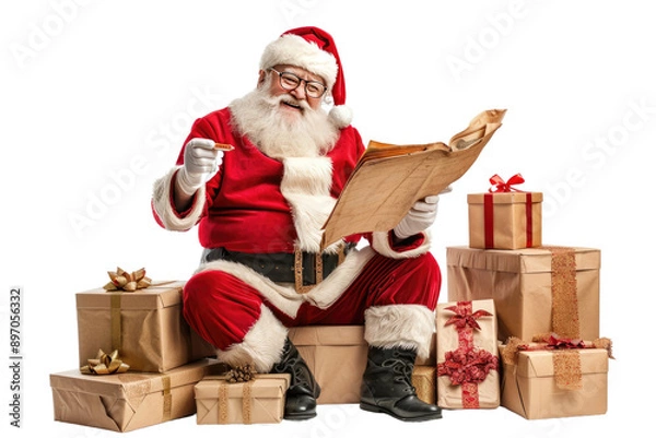 Obraz Santa Claus Studying Old Document, Isolated on White Background