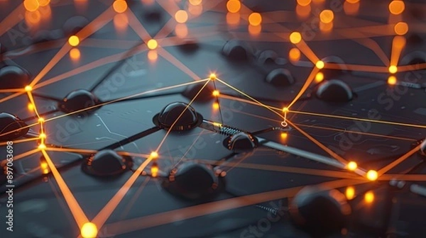 Fototapeta Abstract 3D network with interconnected nodes and glowing lines