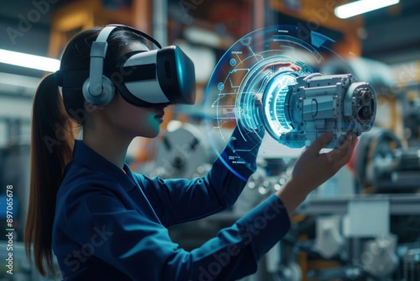 Obraz A female engineer wearing a VR headset interacts with a holographic model of a mechanical component, showcasing advanced virtual reality technology in an industrial setting. 