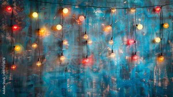Obraz String of Warm-Toned Light Bulbs Against a Blue Textured Wall