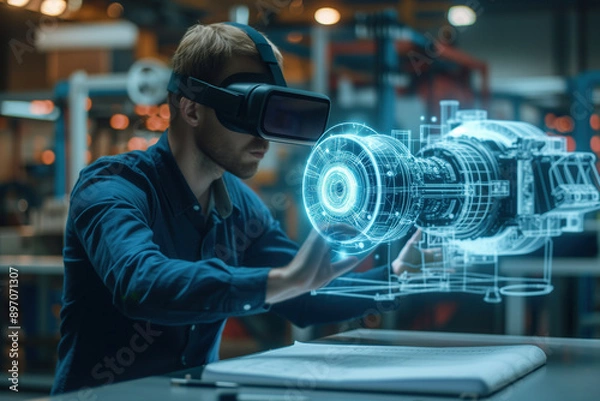 Obraz A male engineer wearing a VR headset interacts with a detailed holographic model, showcasing advanced virtual reality technology for mechanical design in an industrial setting. 