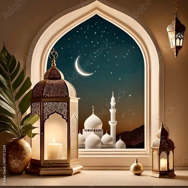 Fototapeta Ramadan Kareem. Eid Mubarak. Vector aesthetic illustration of crescent moon, mosque, lantern, window, frame, background, ornament, tropical leaf for greeting card, invitation or poster in beige muted