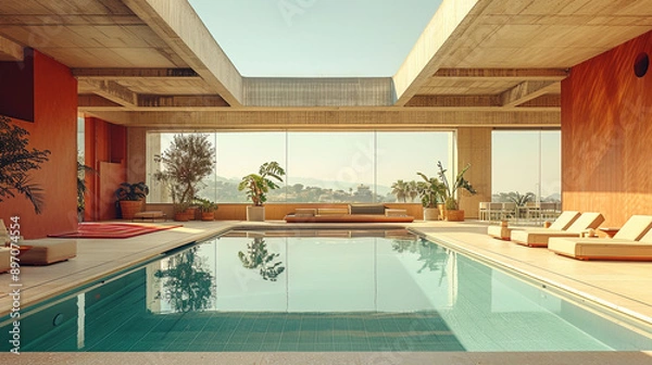 Fototapeta Modern Indoor Swimming Pool with Clear Water, Lounge Chairs, Large Windows, and Skylight