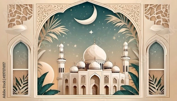 Fototapeta Ramadan Kareem. Eid Mubarak. Vector aesthetic illustration of crescent moon, mosque, lantern, window, frame, background, ornament, tropical leaf for greeting card, invitation or poster in beige muted