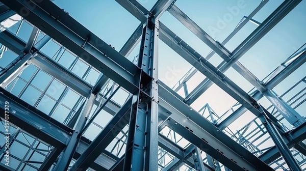 Fototapeta A detailed shot of the steel framework of a high-rise building, showing the geometric patterns of the beams against a clear blue sky.