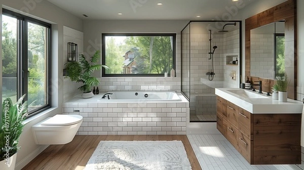Fototapeta Modern Bathroom with Subway Tiles and Natural Light. Stylish modern bathroom featuring subway tiles, large windows, and natural light, creating a bright and refreshing ambiance.