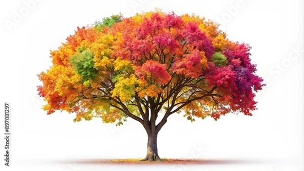 Obraz Colorful tree with vibrant leaves on a white background, colorful, tree, vibrant, leaves, white, background