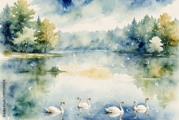 Fototapeta A dreamy watercolor of a tranquil lake with swans with space for text