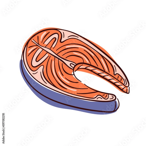 Fototapeta Salmon steak in flat style for restaurant menu. Slice of fish. Vector illustration isolated on a white background
