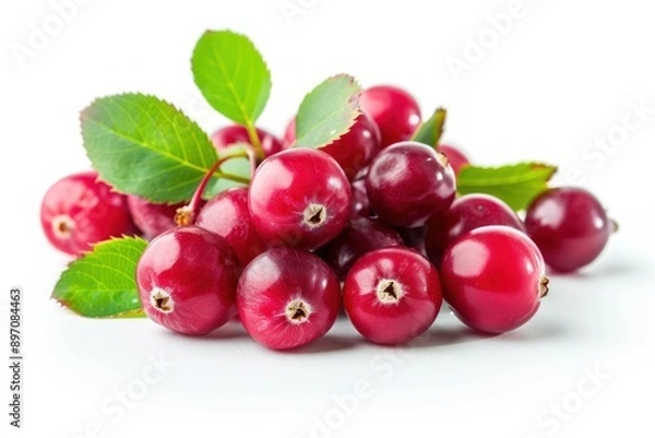 Fototapeta Cranberries with leaves isolated on white background