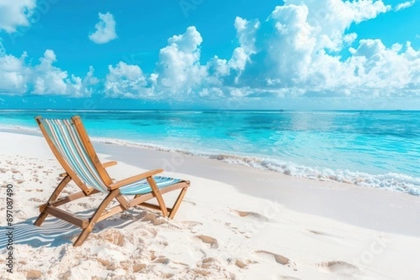 Fototapeta Enjoy the perfect summer day with a comfortable beach chair on a white sandy beach with a breathtaking view