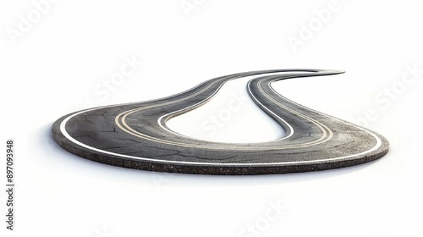 Fototapeta A hairpin road with tight, sharp curves, isolated on a clean white background, showcasing realistic asphalt texture.
