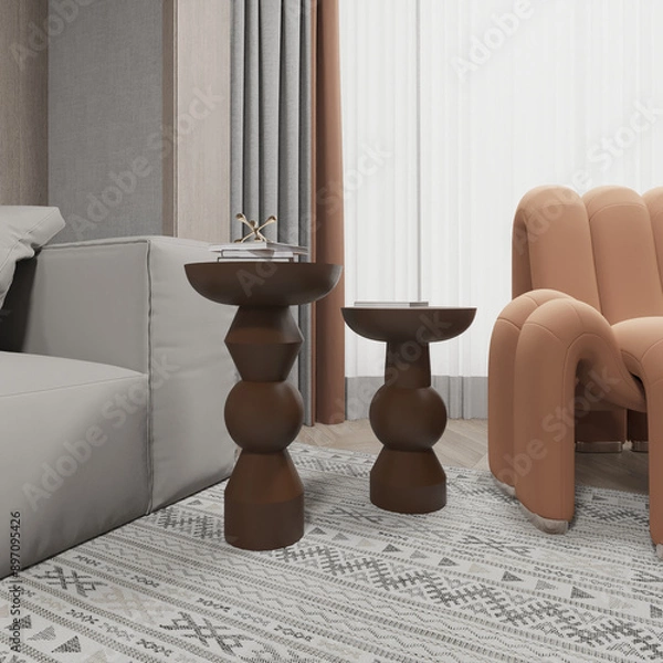 Obraz  Render of wooden mushroom coffee table in the living room with wooden wall panel armchair and sofa. 