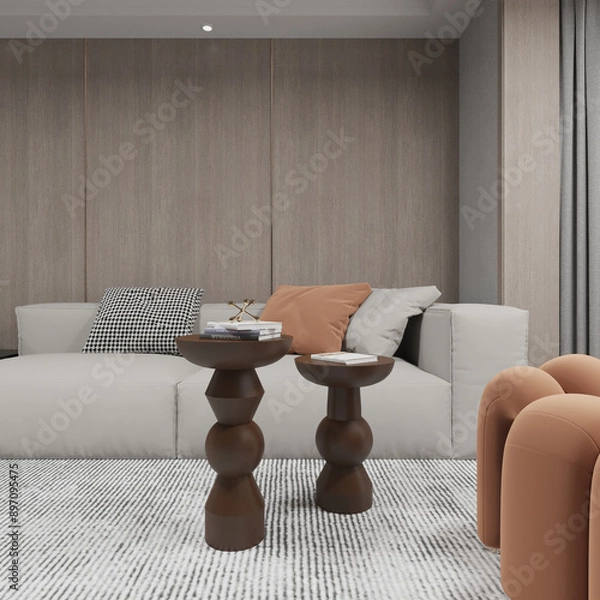 Obraz  Render of wooden mushroom coffee table in the living room with wooden wall panel armchair and sofa. 