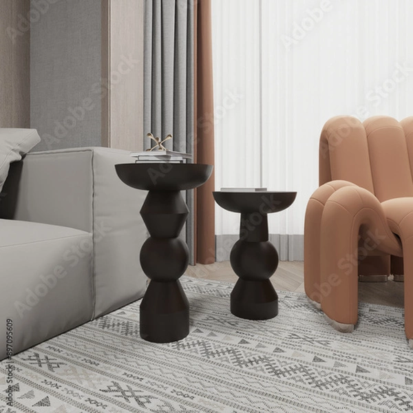 Obraz  Render of wooden mushroom coffee table in the living room with wooden wall panel armchair and sofa. 