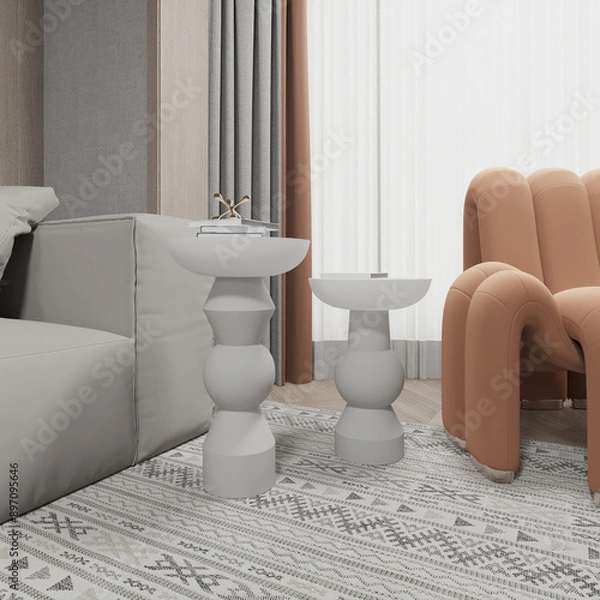 Obraz  Render of wooden mushroom coffee table in the living room with wooden wall panel armchair and sofa. 