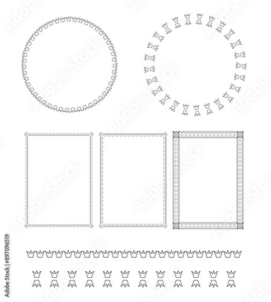 Fototapeta Set of abstract decorative elements: frames and lines. Black line stylish design with crowns. Square and round frames.