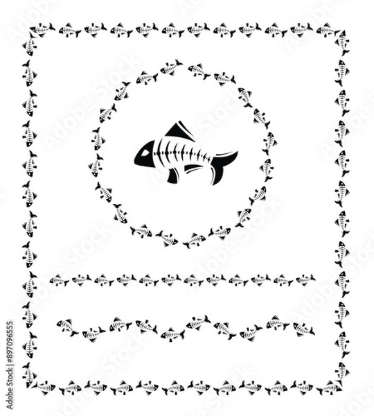 Fototapeta Dead fish skeletons. Set of tatto ornament with skeleton charachter. Decorative frames and lines.