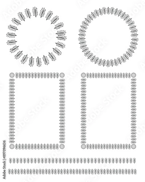 Fototapeta Set of abstract decorative elements: frames and lines. Black line stylish design with plants. Square and round frames.