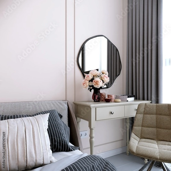 Obraz Render of bedroom vanity corner with organic circle shaped mirror, beige vanity desk and beige armchair.