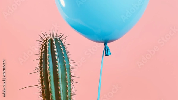 Fototapeta Blue Balloon Tied to a Cactus Against a Pink Background - Creative Surreal Art Concept