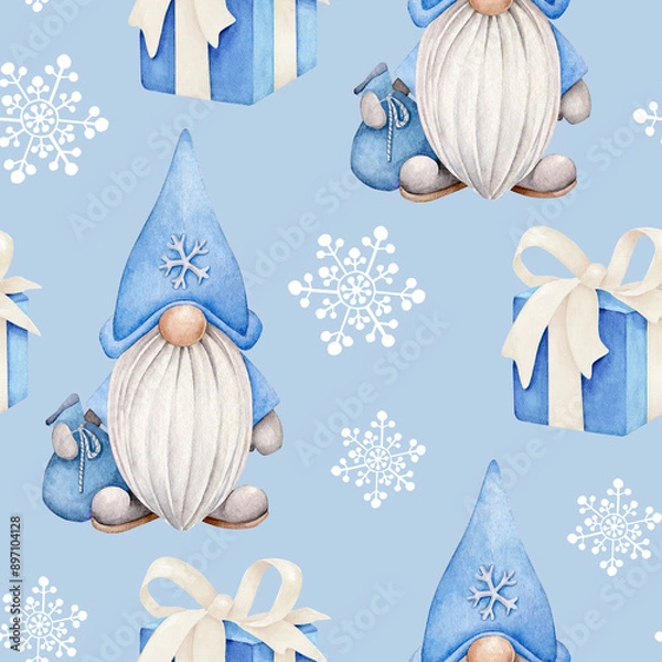 Obraz christmas seamless pattern with gnome in santa hat, present box and snowflake.Childish background.Winter holidays.Fabric design.Merry Christmas and Happy New Year.