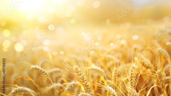 Fototapeta Golden wheat field background with bokeh and sunlight, summer concept of harvest season