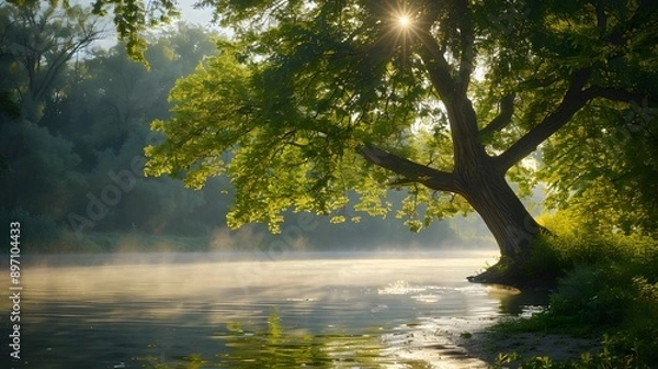 Fototapeta Tranquility in Nature. Serene landscape with a beautiful tree by the river