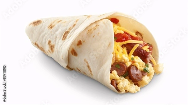 Fototapeta Hearty Breakfast Burrito Delight: Savory sausage, fluffy eggs, melted cheese, and fiery salsa roja peek out from a warm flour tortilla, ready to satisfy your morning cravings. 