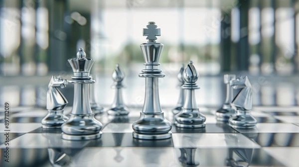 Obraz Polished Metal and Glass Chess Pieces in a Modern Corporate Office Setting
