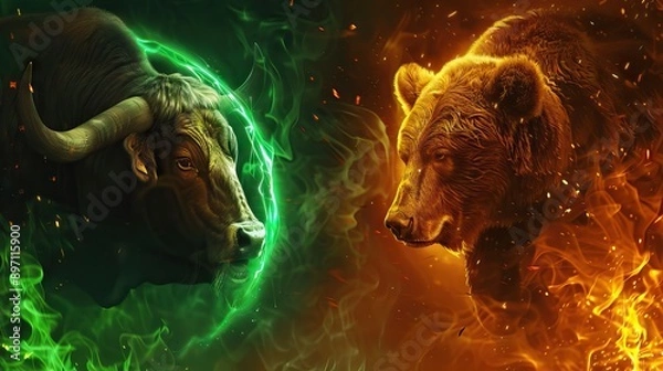 Obraz Neon duel Bull vs Bear symbolizing stock market trends with energy and intensity