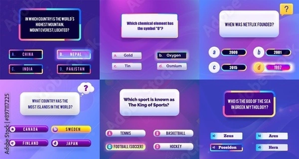 Fototapeta This raster illustration of a vector quiz template features a vibrant and modern design, perfect for educational and entertainment purposes. It includes clean and engaging layouts with multiple-choice