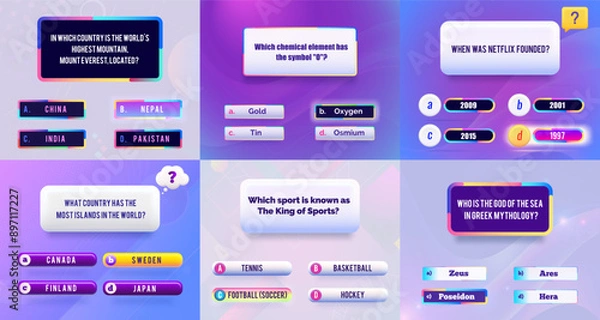 Fototapeta This vector template for quizzes is designed with vibrant colors and modern aesthetics. Perfect for educational and entertaining quiz games, it features a clean, engaging layout that includes multiple