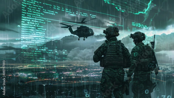 Obraz Monitoring and managing security technology in a military surveillance hub headquarters. Concept Military Surveillance