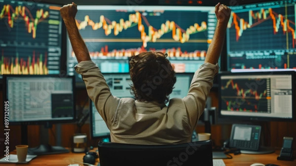 Obraz business man congratulations stock trader sitting at a desk in front of computer monitors