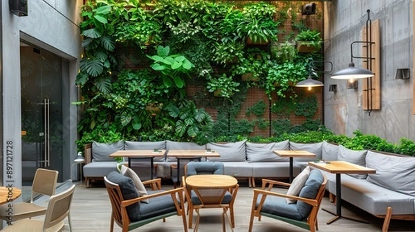 Obraz Empty wood table with artificial plant decoration on the wall of ecology design interior. Fake tree from plastic plants ornament design on the wall of coffee shop. AI generated illustration