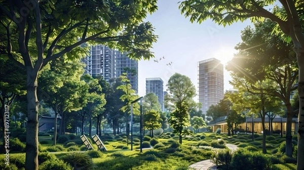 Obraz Public park and high-rise buildings cityscape in metropolis city center . Green environment city and downtown business district in panoramic view. AI generated illustration