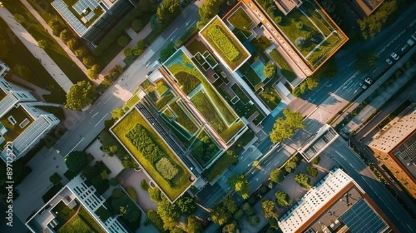 Obraz Top view of blue solar photo voltaic panels system on high apartment building roof top on sunny day. Renewable ecological green energy production concept. AI generated illustration