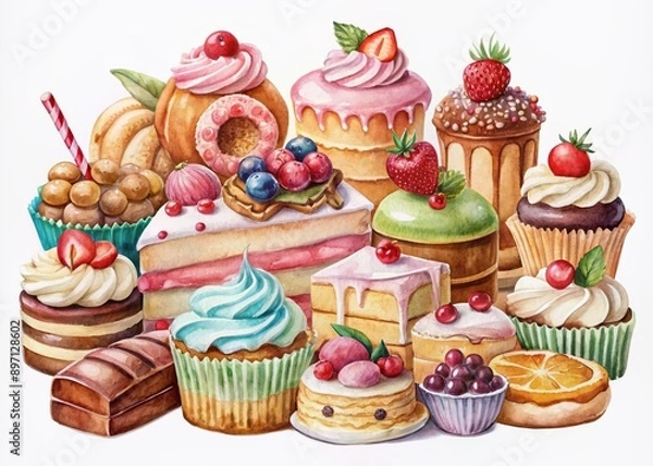 Fototapeta Whimsical watercolor illustration of a bakery set featuring colorful sweets, cakes, and pastries on a transparent background, perfect for digital design and graphics.