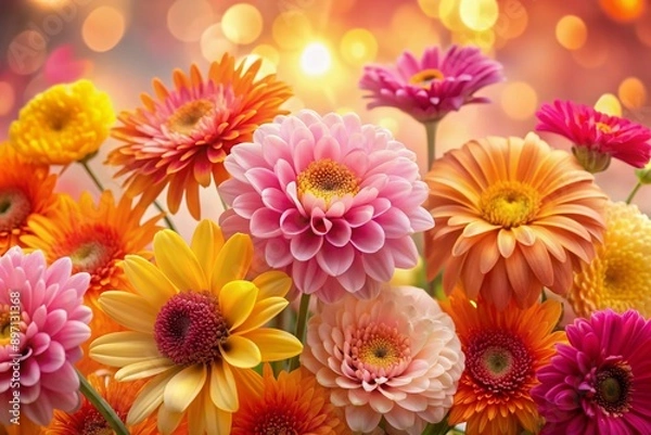 Fototapeta Vibrant abstract flowers in shades of pink, yellow, and orange bloom on a soft light background, perfect for festive banners celebrating women's special occasions.