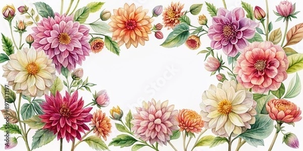 Fototapeta Whimsical watercolor illustration of a rustic floral border frame on transparent background, featuring dahlias, perfect for spring and summer designs with ample copy space.