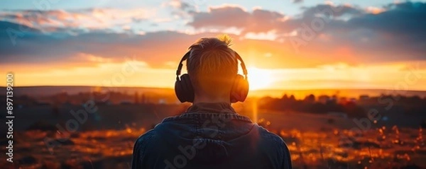 Fototapeta Soothing scene of a person listening to calming music, mental wellness, relaxation