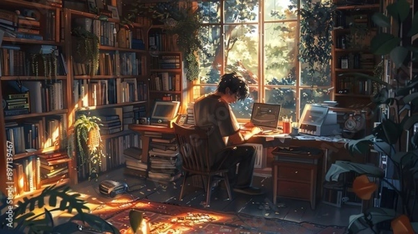 Fototapeta Cozy nook with a person doing a puzzle, mental health, relaxation
