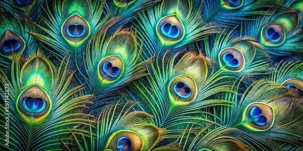 Fototapeta Vibrant peacock feathers display stunning iridescent blues and greens, intricate patterns, and delicate textures on a clean minimalistic background, perfect for carnival costumes or creative designs.