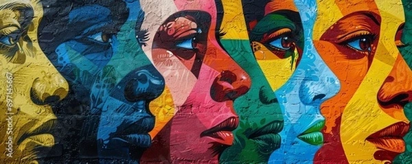 Fototapeta Group of artists from different cultures creating a collaborative mural, multicultural unity, artistic expression