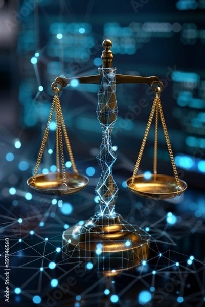 Fototapeta Ethical ai  neural network on justice scales in legal framework for ethical balancing