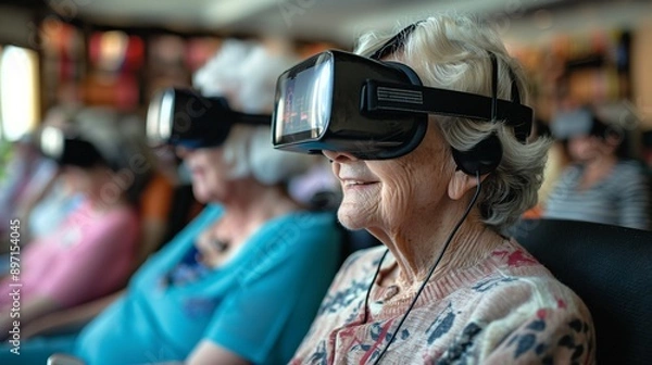 Fototapeta A group of seniors immerses themselves in the exciting world of virtual reality, wearing headsets and experiencing new possibilities with smiles of wonder and excitement. Generate ai illustration.