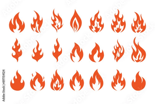 Fototapeta Fire symbols isolated icon flat set on white background. Blaze silhouette element